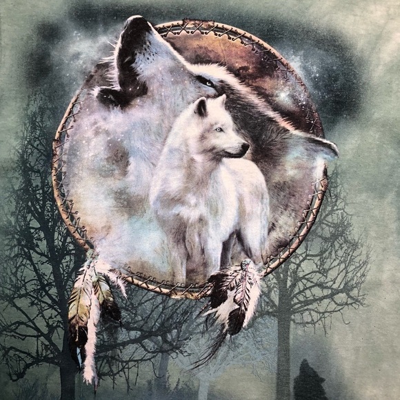 Wolves Graphic on a Green Tie Dye Heavy Weight Tee Sz L - Picture 3 of 11